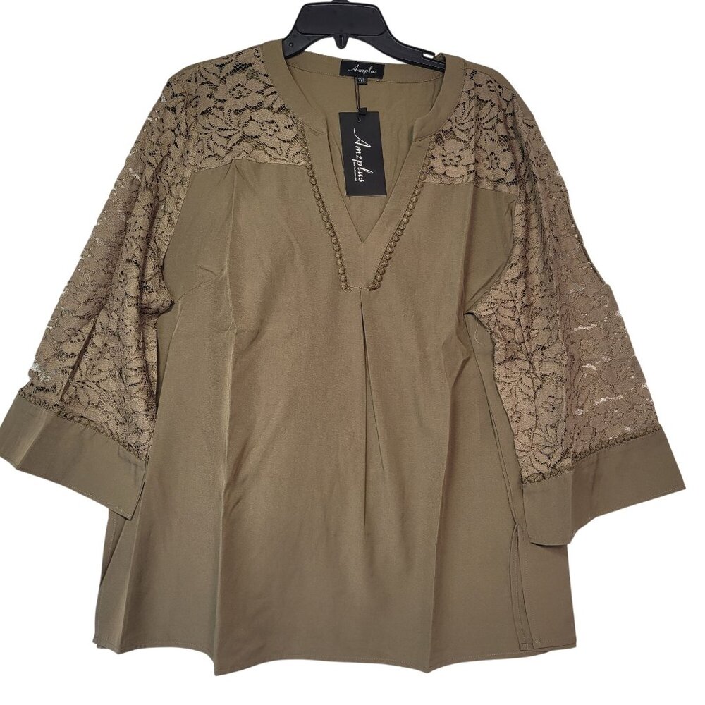 Amzplus Women Plus Size Loose Green Blouse With Lace 3/4 Sleeves & V-Neck 3XL 1!